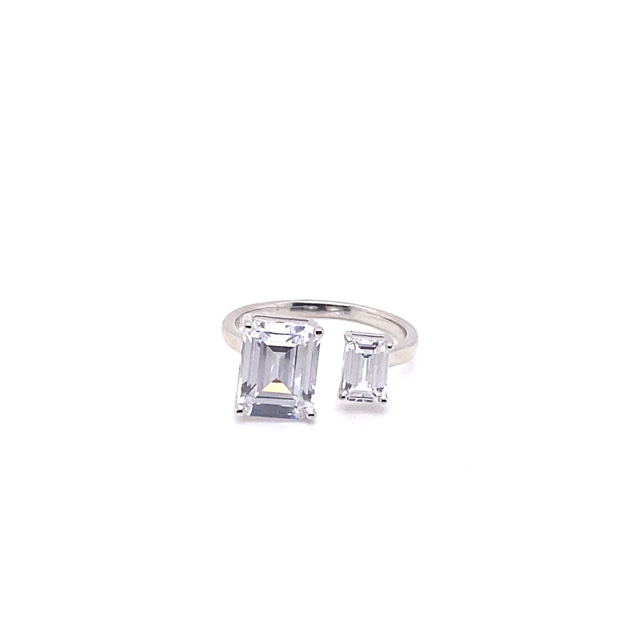 Double Emerald Cut Resizable Silver Ring
