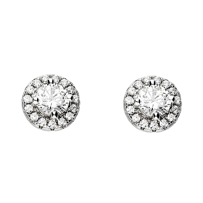 Round Cut Silver Halo Stud Earrings