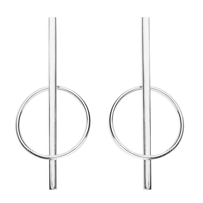 Bar Through Circle Silver Drop Earrings