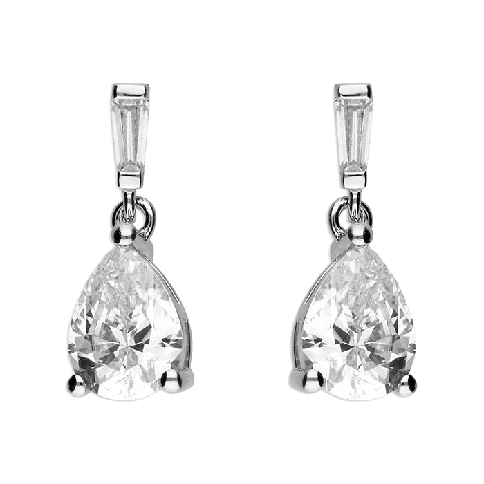 Pear Drop With Baguette Stud Silver Drop Earrings