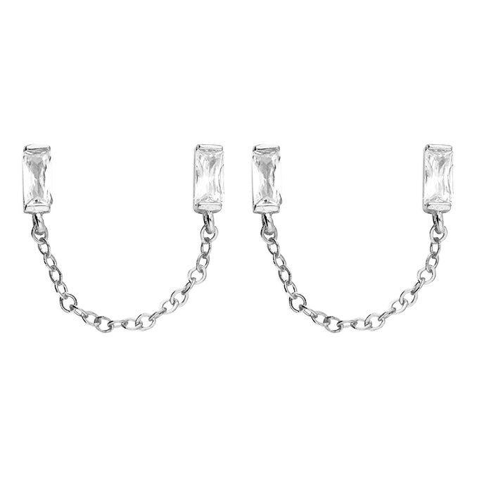 Double Baguette Stud With Chain Drop Earrings