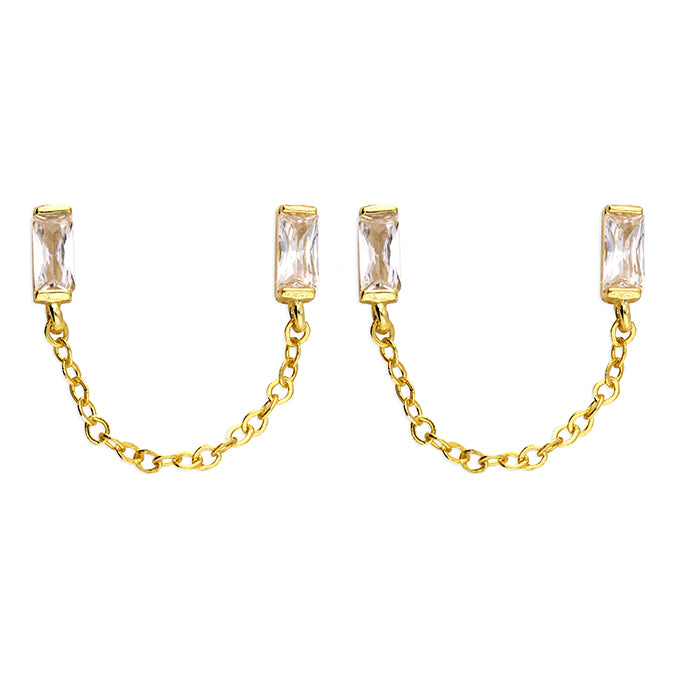 Double Baguette Stud With Chain Drop Earrings