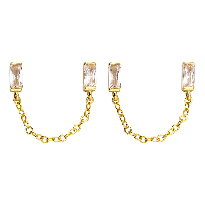 Double Baguette Stud With Chain Drop Earrings