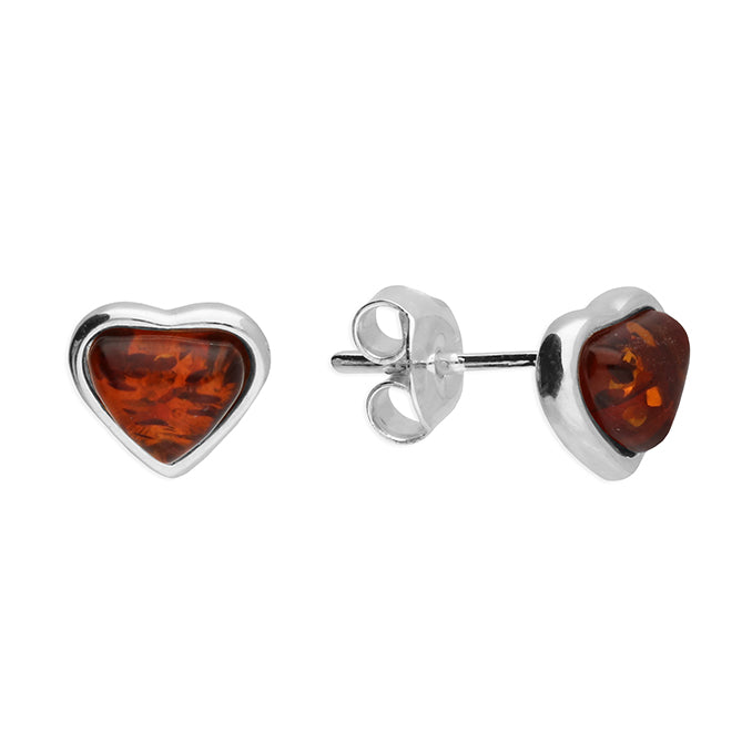 Cognac Amber Heart Shaped Silver Stud Earrings