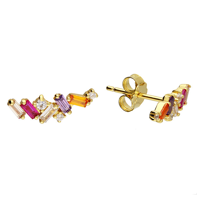 Rainbow Baguette Cut Climber Stud 18ct Gold Earrings