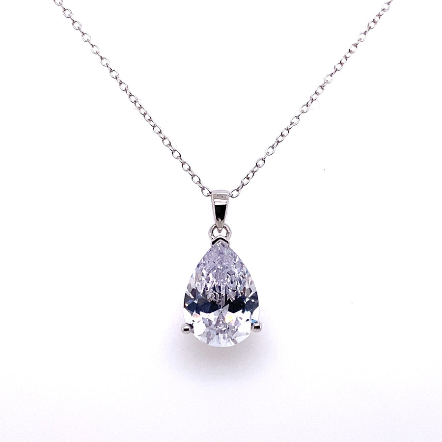 Pear Cut Crushed Ice Silver Pendant Necklace