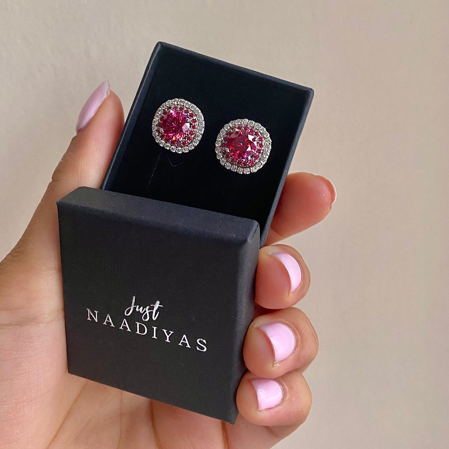 Berry Round Cut Halo Earrings